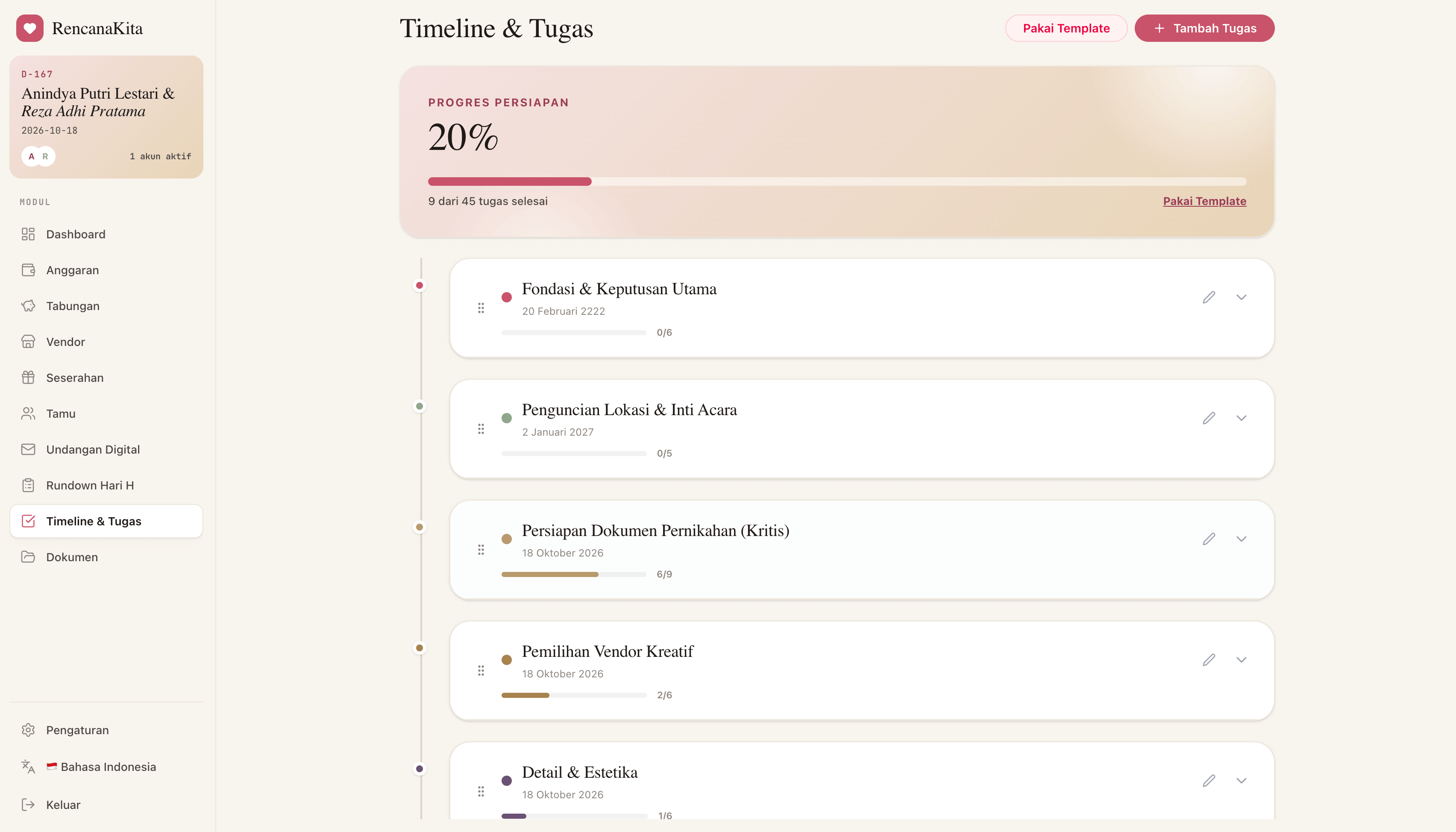 Timeline & checklist RencanaKita